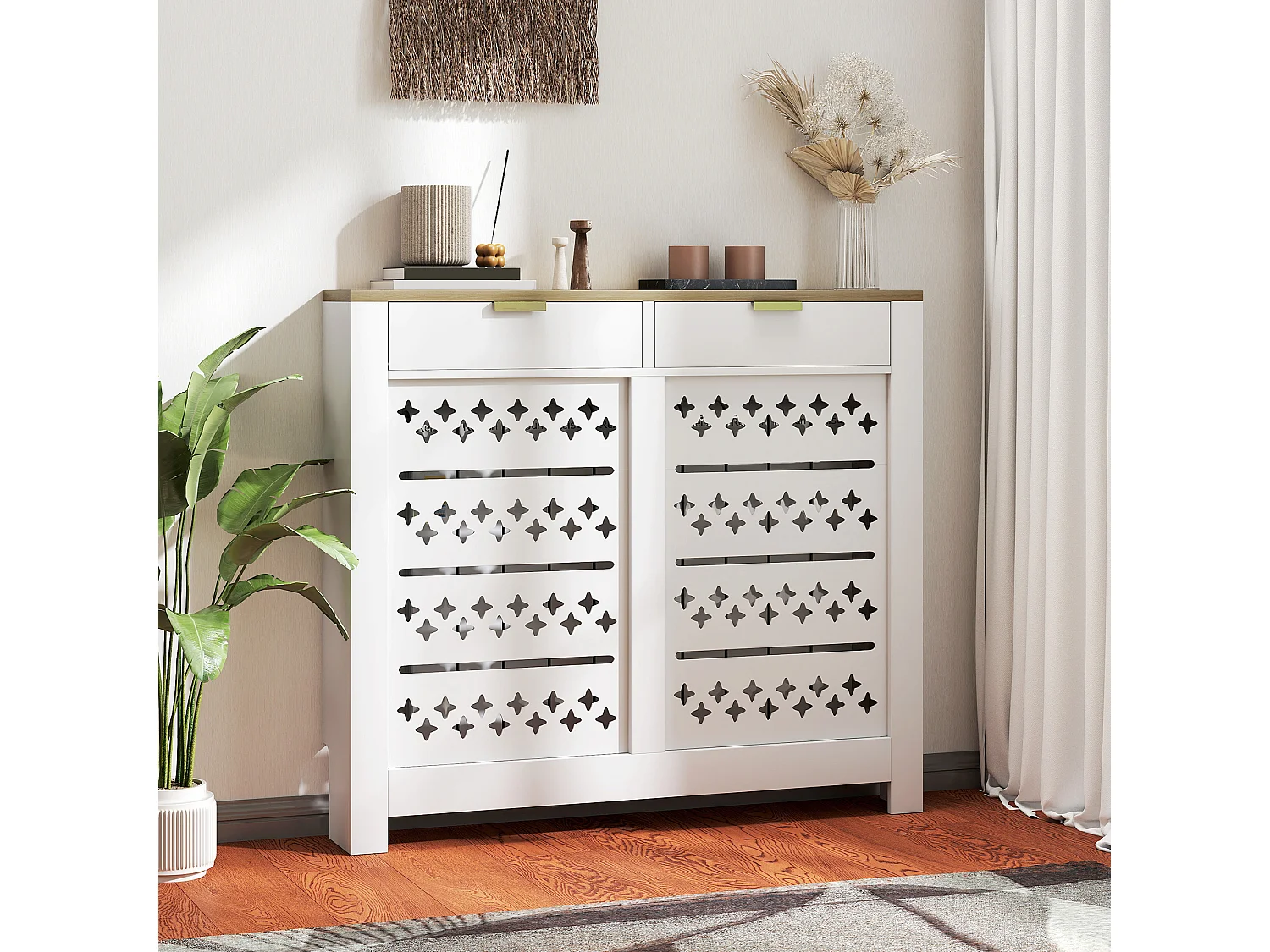 Cache-radiateur design motif étoile 2 portes dim. 108 x 19 x 95 cm doré effet bois blanc