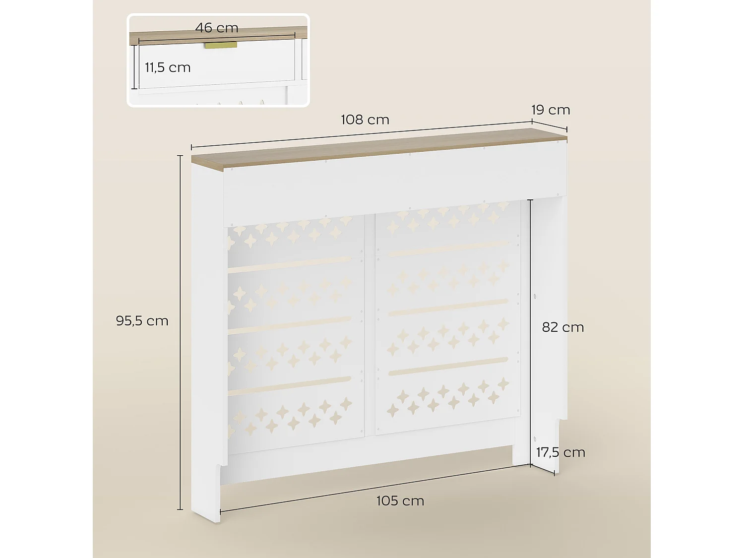 Cache-radiateur design motif étoile 2 portes dim. 108 x 19 x 95 cm doré effet bois blanc