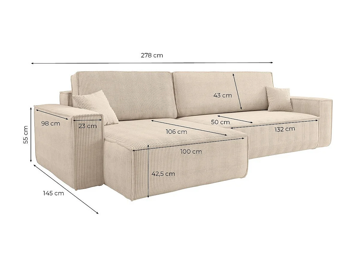 Canapé FARAH d'angle max réversible et convertible 5 places en velours côtelé - Rose