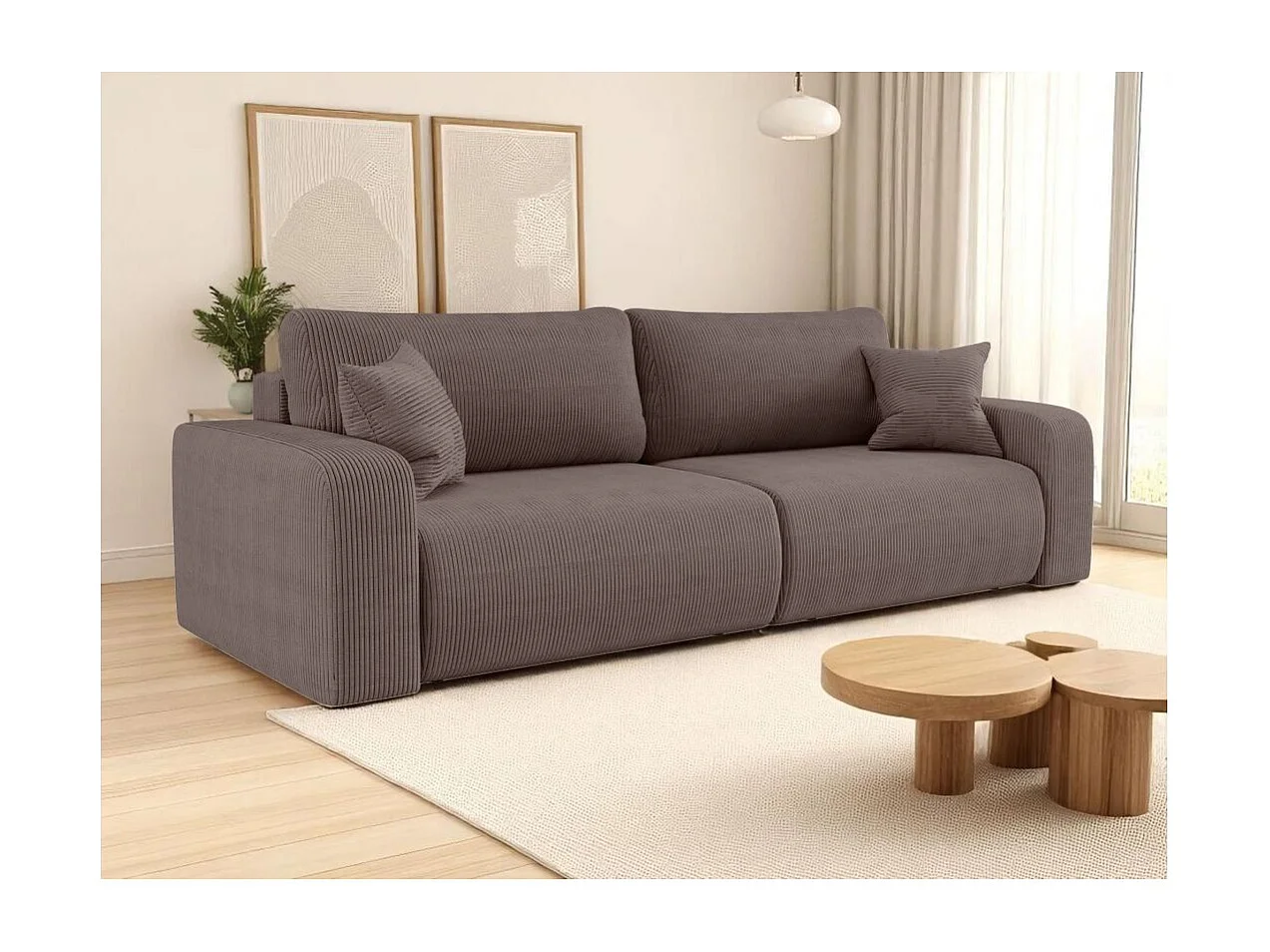 Canapé droit 3 places ALYA convertible en velours côtelé - Marron glacé