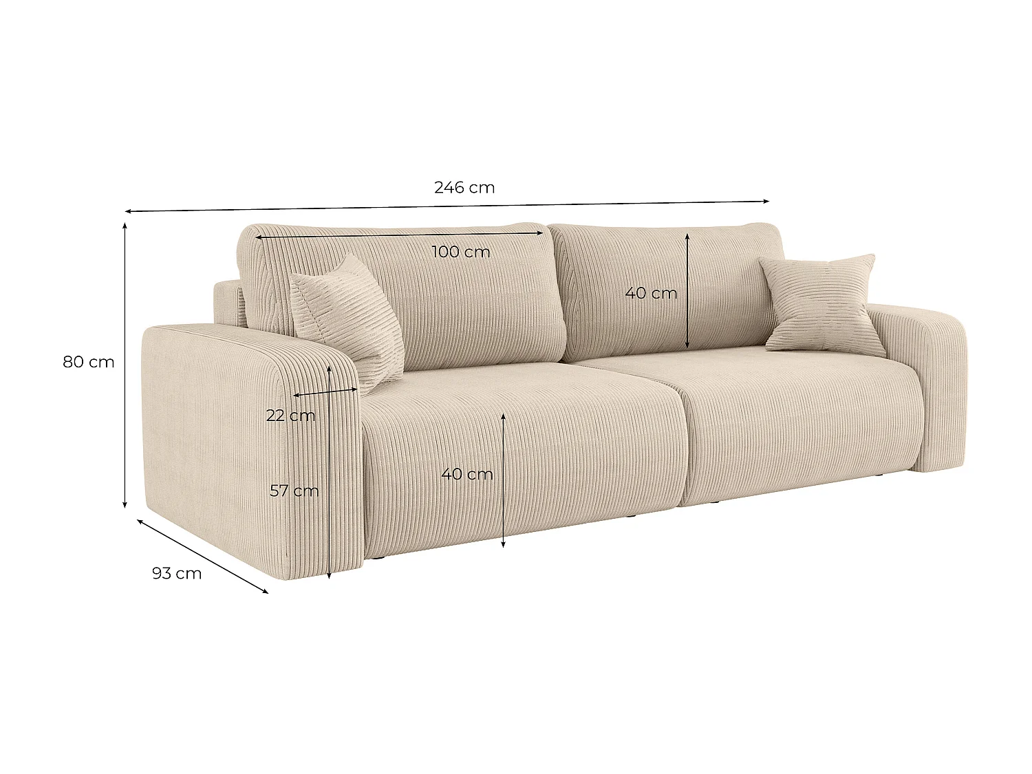 Canapé droit 3 places ALYA convertible en velours côtelé - Marron glacé