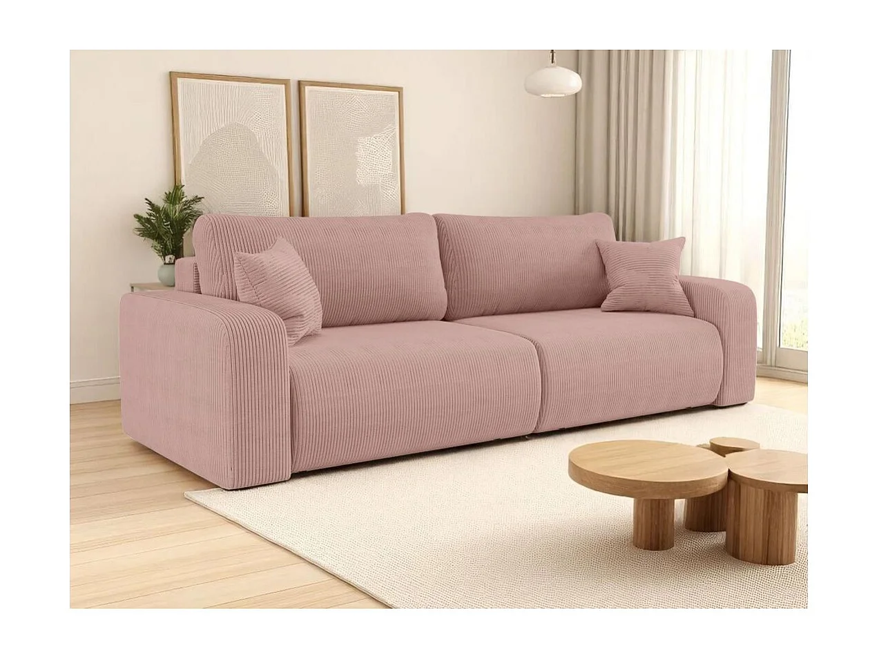 Canapé droit 3 places ALYA convertible en velours côtelé - Rose
