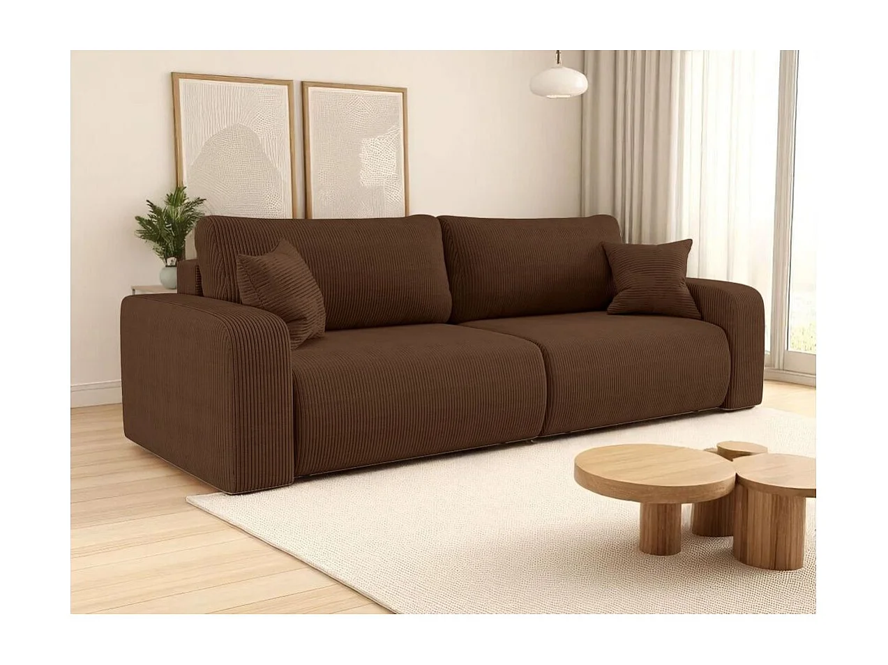 Canapé droit 3 places ALYA convertible en velours côtelé - Marron