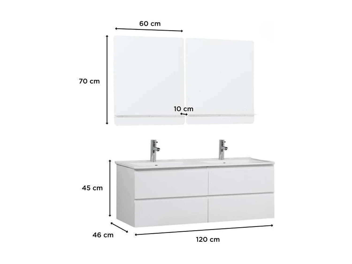 Mobile lavabo doppio da 120 cm con piano in ceramica, rubinetteria e specchi SORRENTO