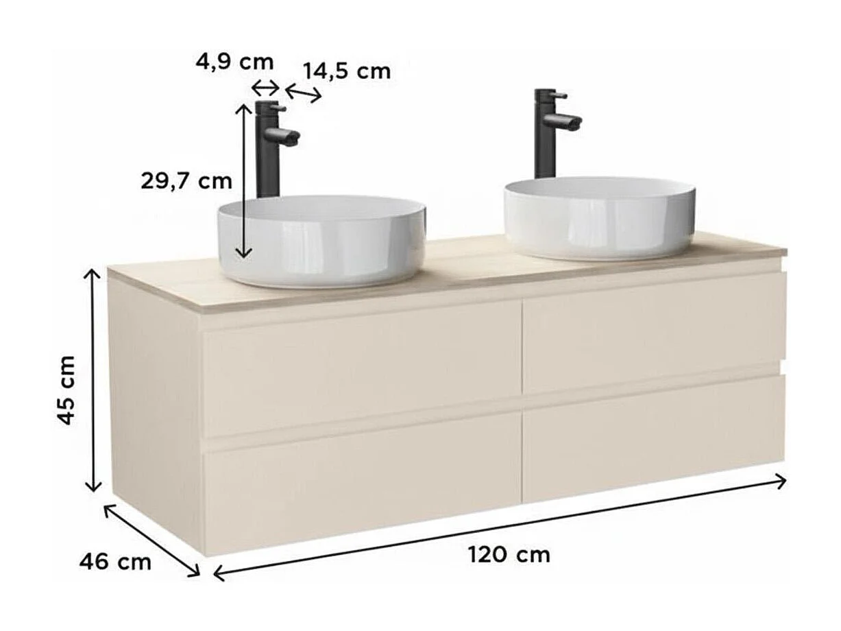 SORRENTO 120 cm wandgemonteerde dubbele spoelbak met houten blad, waskommen en kranen