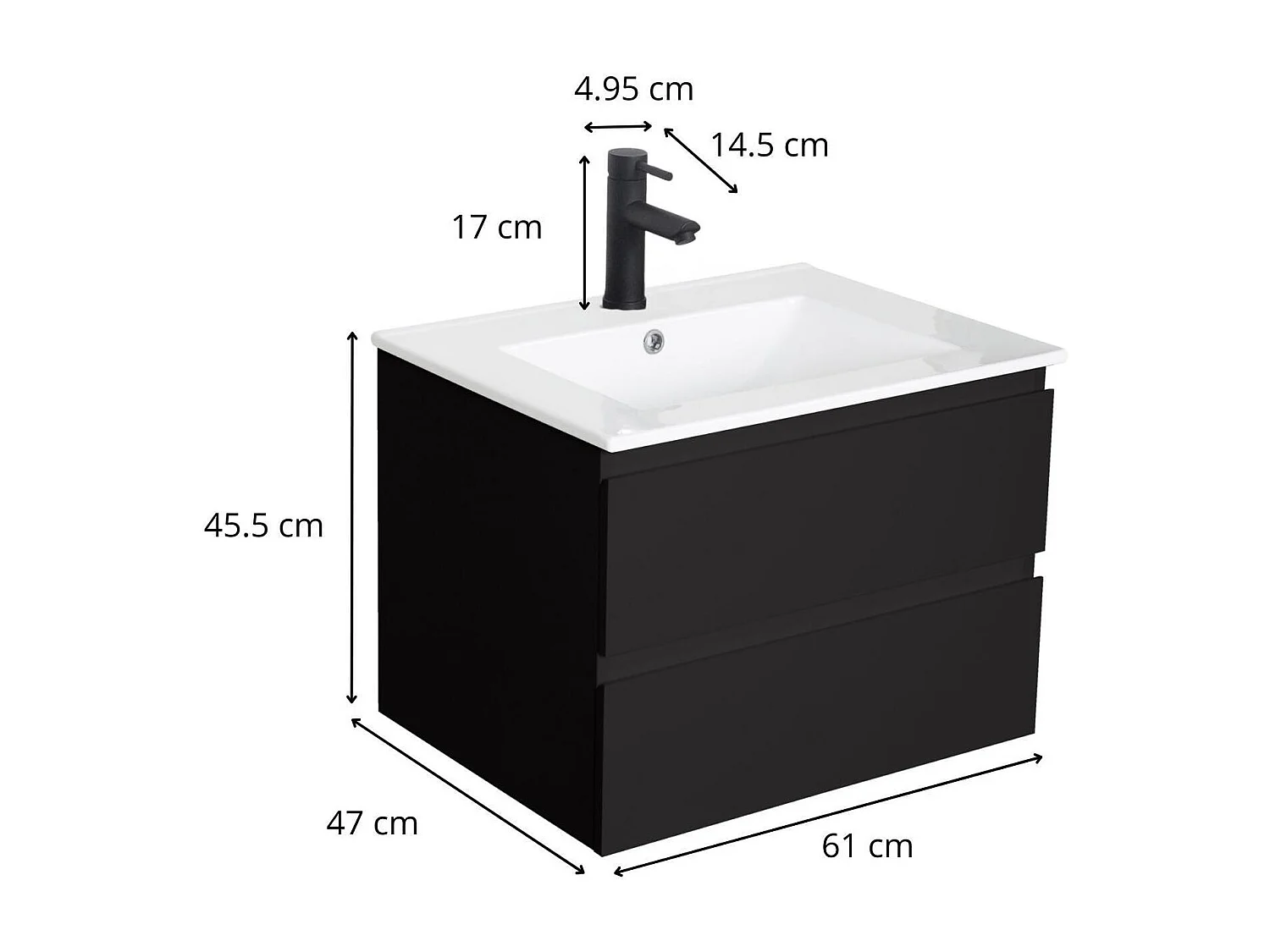Ensemble simple vasque 60cm avec plan céramique et robinet noir