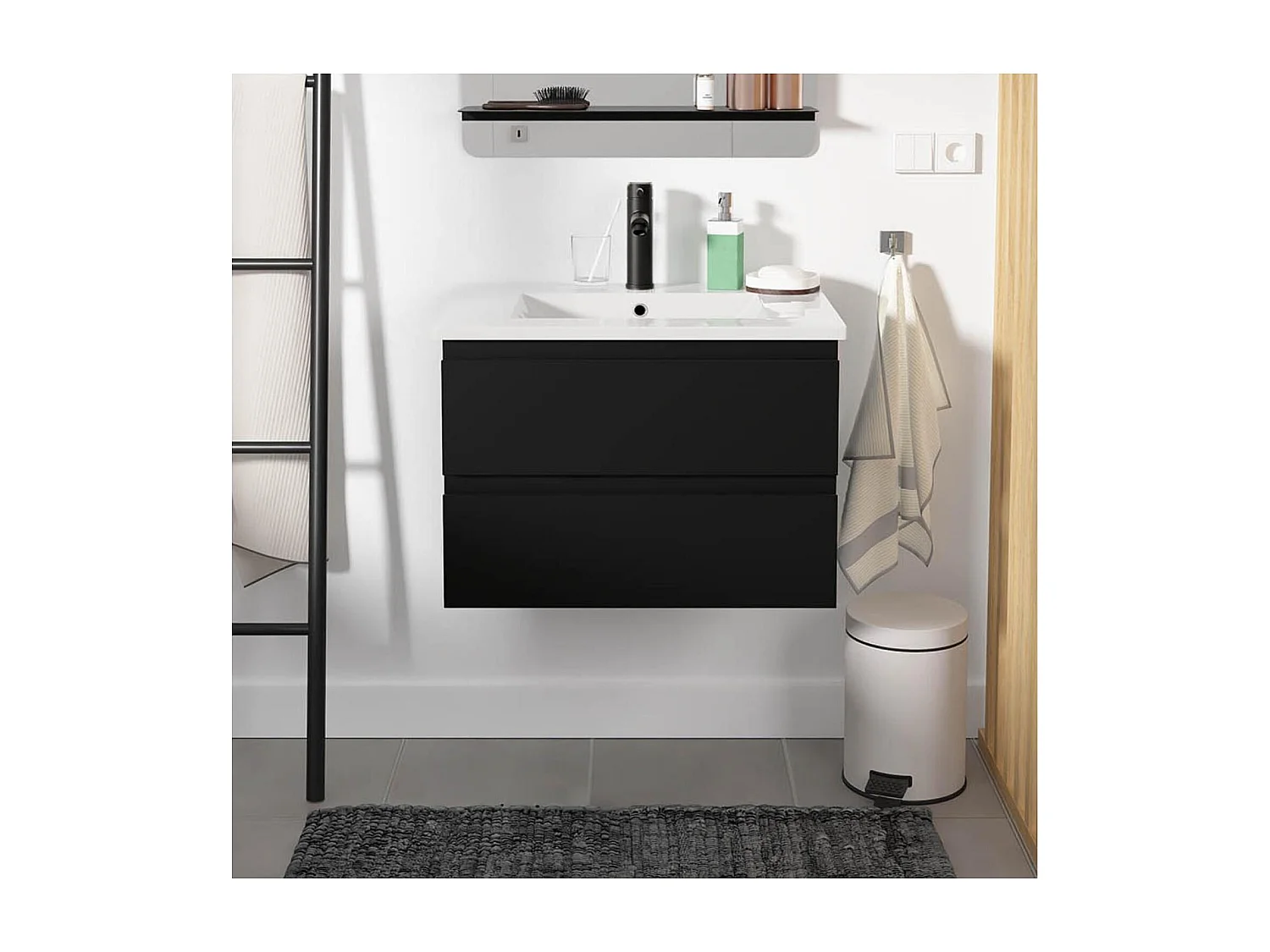 Enkele wastafelset 60cm met keramische bovenkant en zwarte kraan SORRENTO