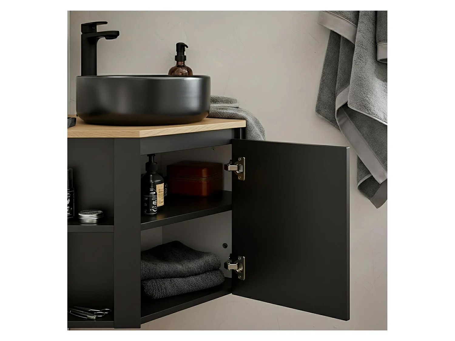 Conjunto mueble de lavabo de esquina + lavabo negro SORRENTO