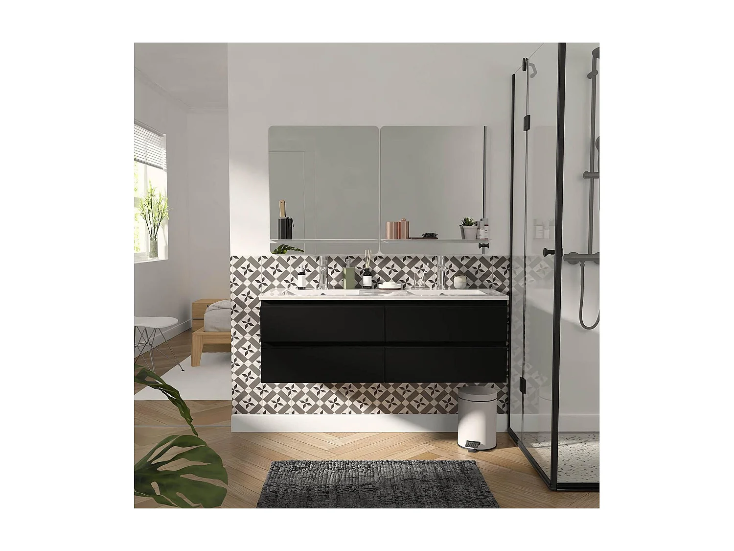 Mobile lavabo doppio da 120 cm con piano in ceramica, rubinetteria e specchi SORRENTO