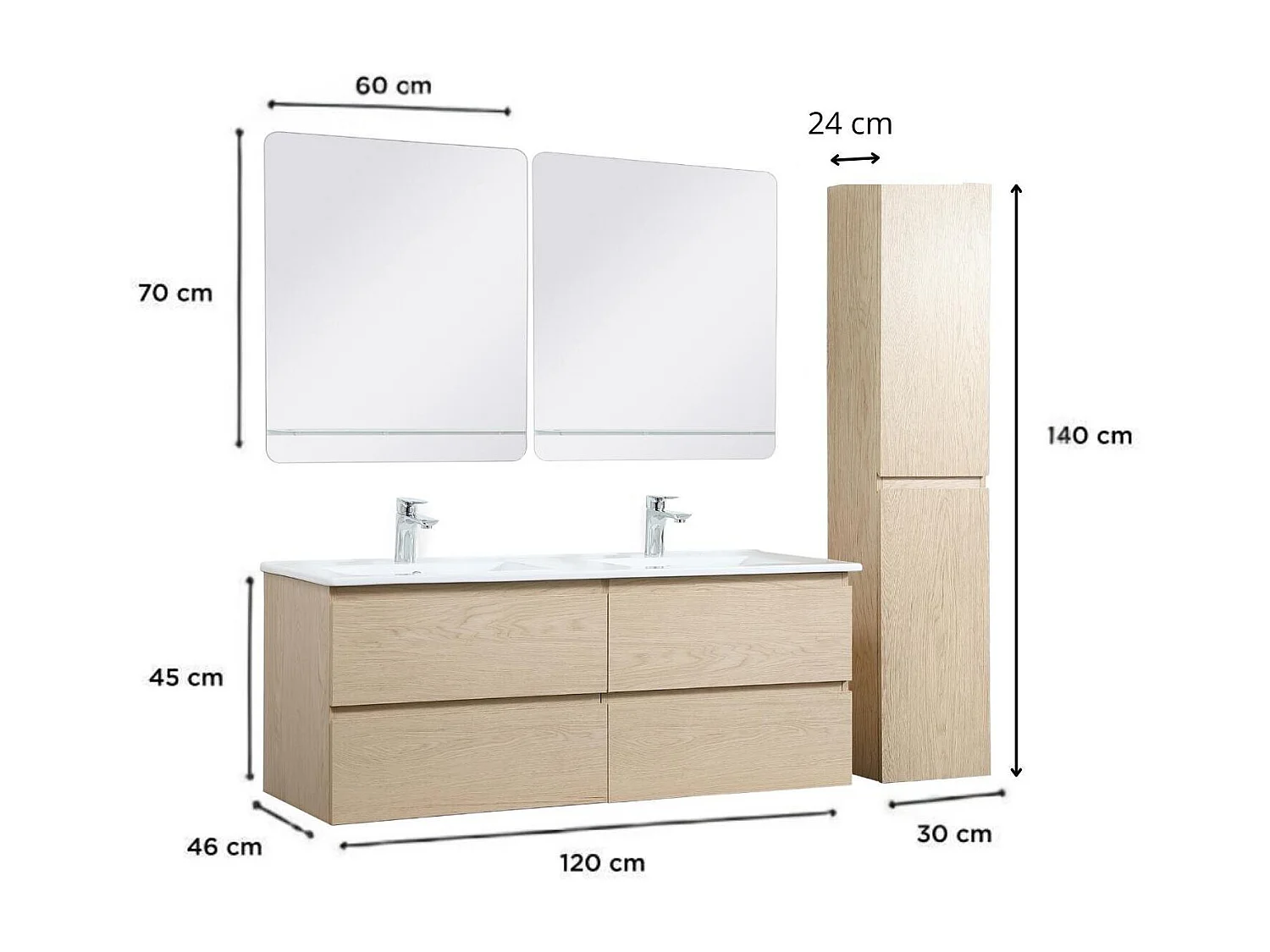 Ensemble double vasque 120cm avec plan céramique, robinets chromés, miroirs et colonne