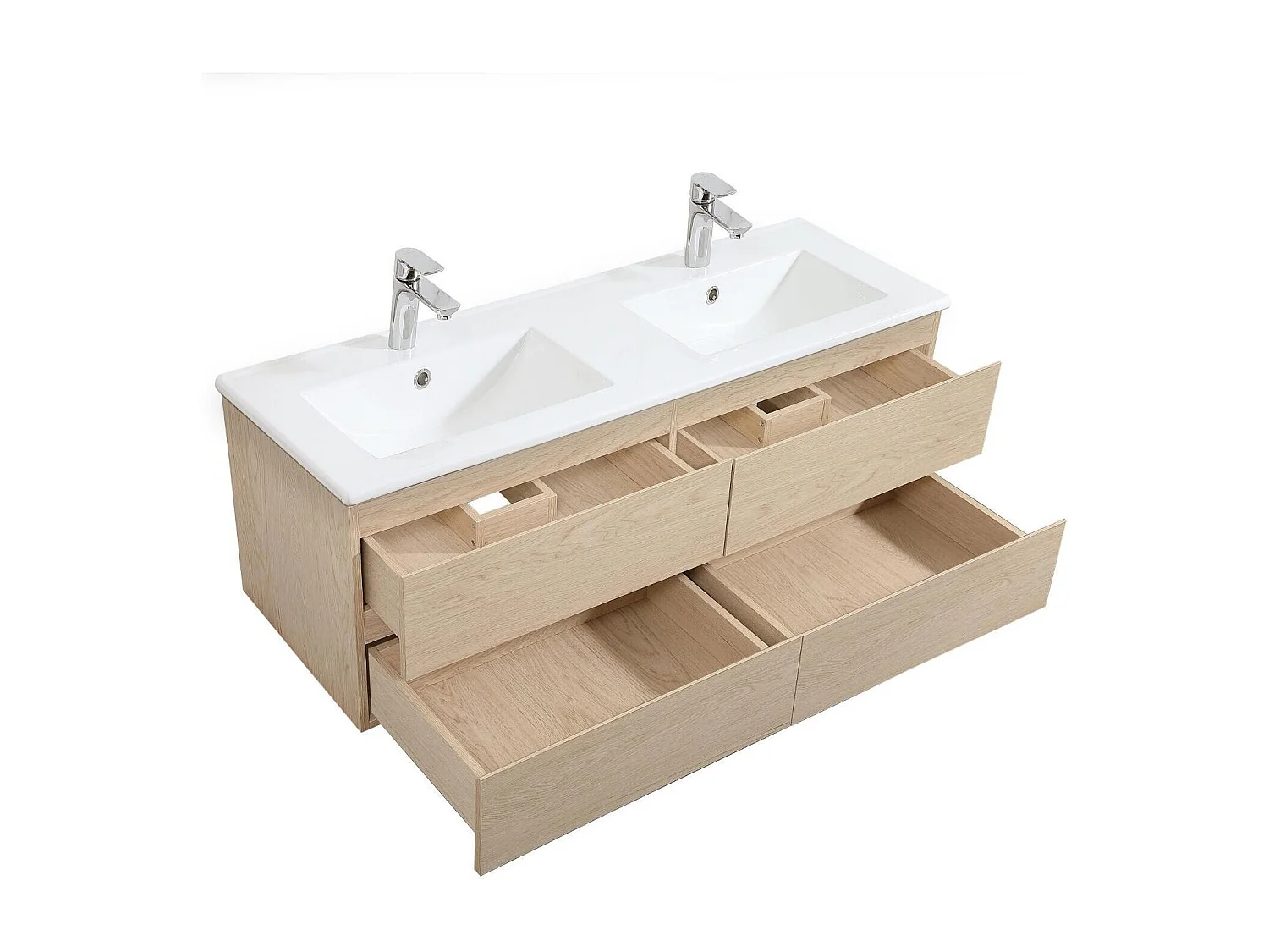 Ensemble double vasque 120cm avec plan céramique, robinets chromés, miroirs et colonne