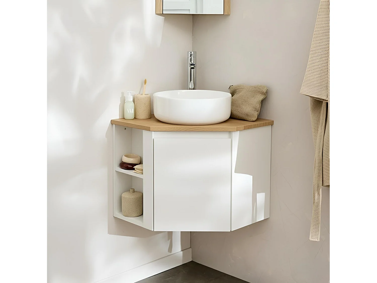 Ensemble meuble sous vasque d'angle + vasque blanche SORRENTO