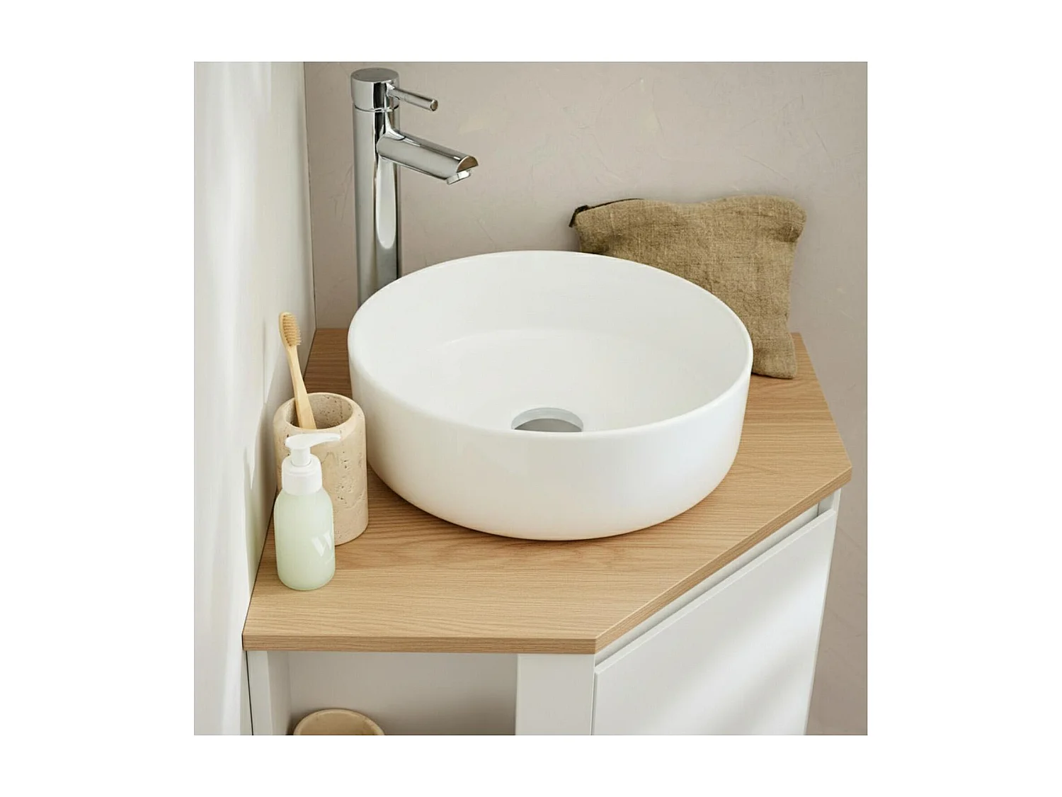 Ensemble meuble sous vasque d'angle + vasque blanche SORRENTO
