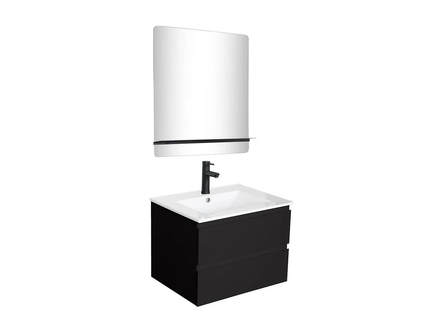 Ensemble simple vasque 60cm avec plan céramique, robinet noir et miroir