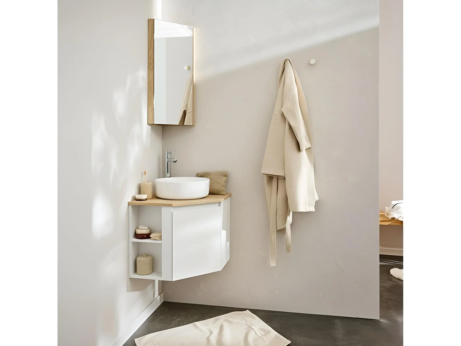 Eckwaschtisch-Set + Waschbecken + Wasserhahn + SORRENTO Eckbadezimmerschrank