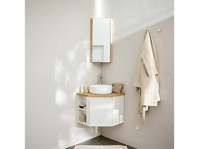 Eckwaschtisch-Set + Waschbecken + Wasserhahn + SORRENTO Eckbadezimmerschrank