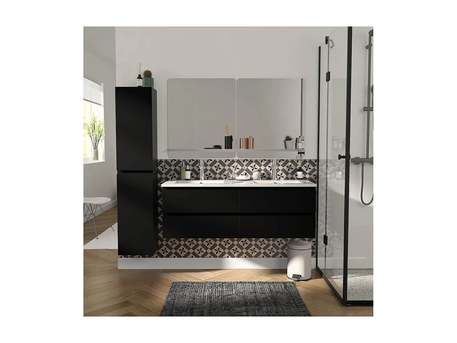 Ensemble double vasque 120cm avec plan céramique, robinets chromés, miroirs et colonne