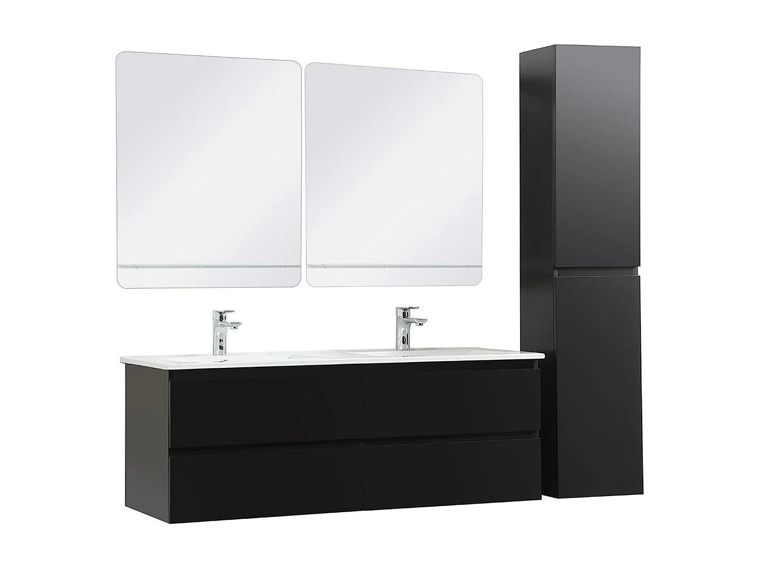 Ensemble double vasque 120cm avec plan céramique, robinets chromés, miroirs et colonne