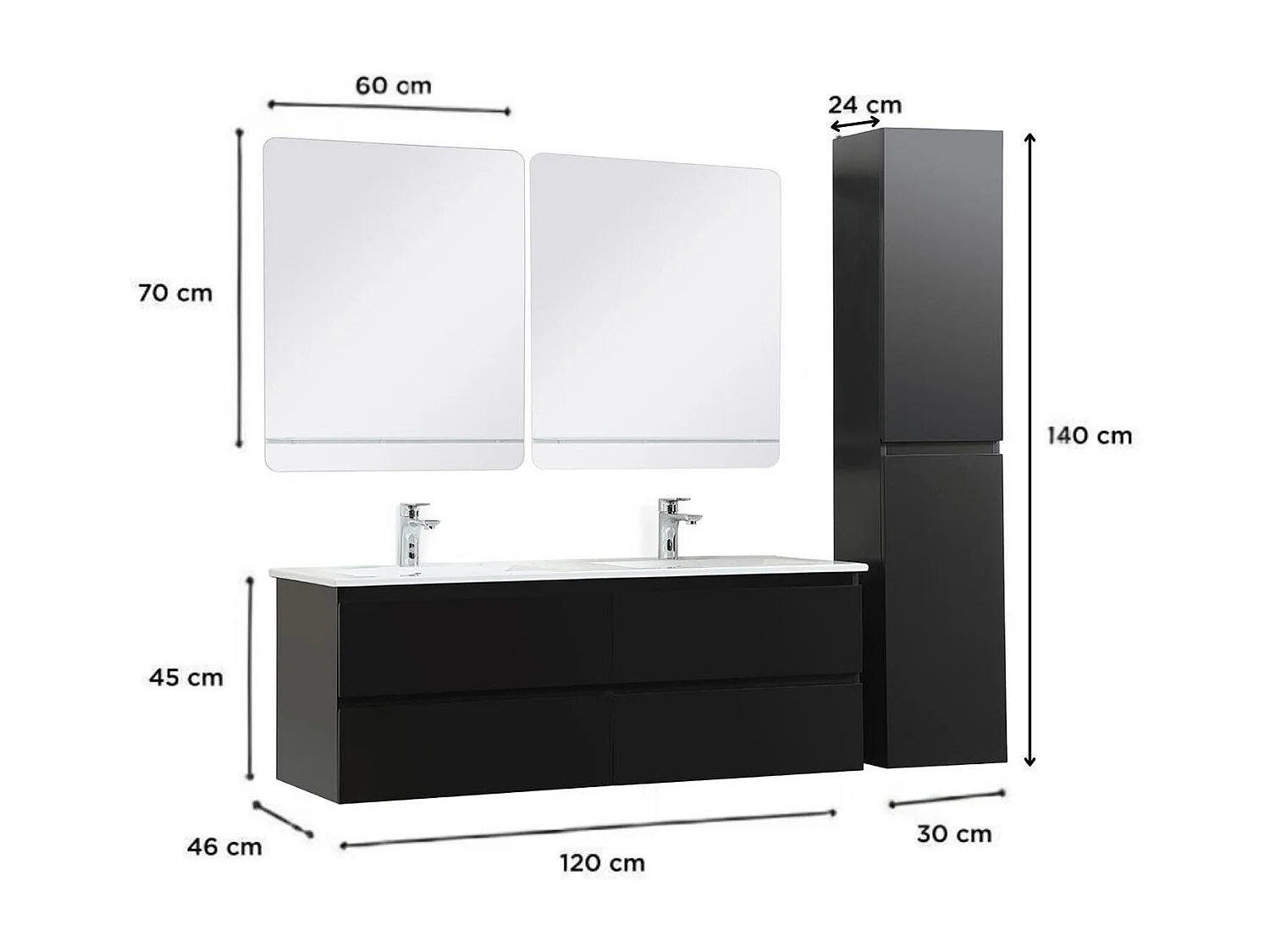 Ensemble double vasque 120cm avec plan céramique, robinets chromés, miroirs et colonne