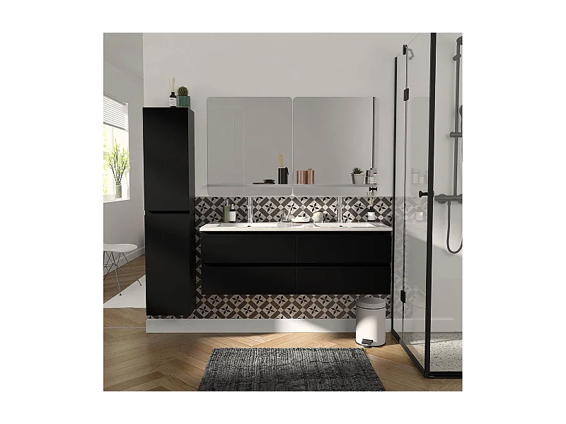 Ensemble double vasque 120cm avec plan céramique, robinets chromés, miroirs et colonne