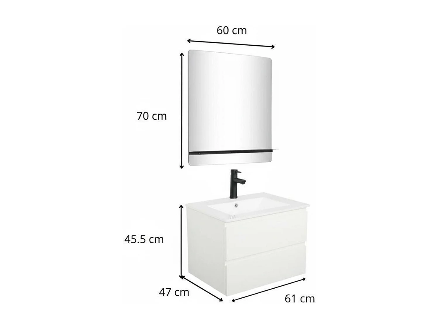 Ensemble simple vasque 60cm avec plan céramique, robinet noir et miroir