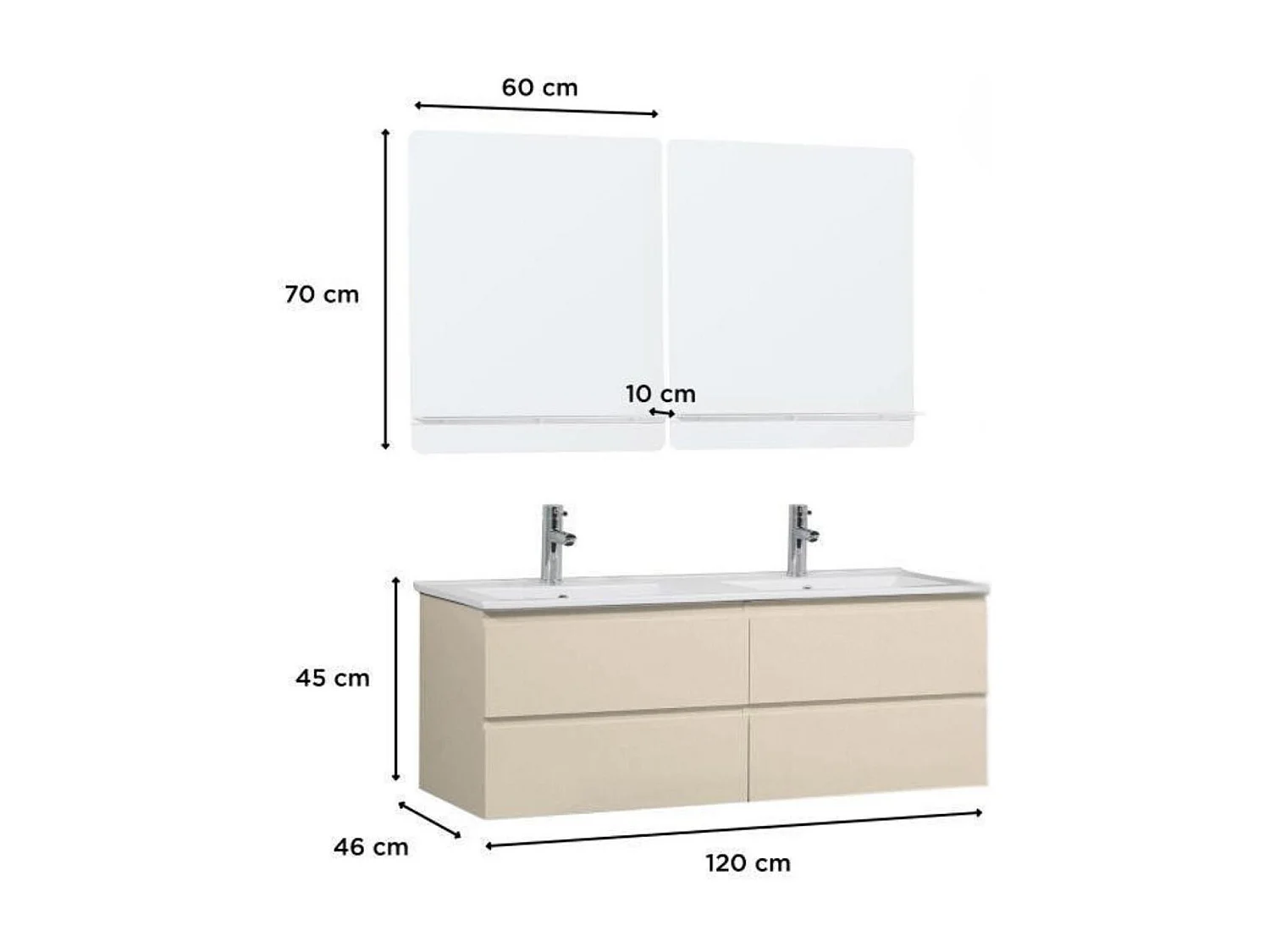 Mueble de lavabo doble de 120cm con encimera de cerámica, grifería y espejos SORRENTO
