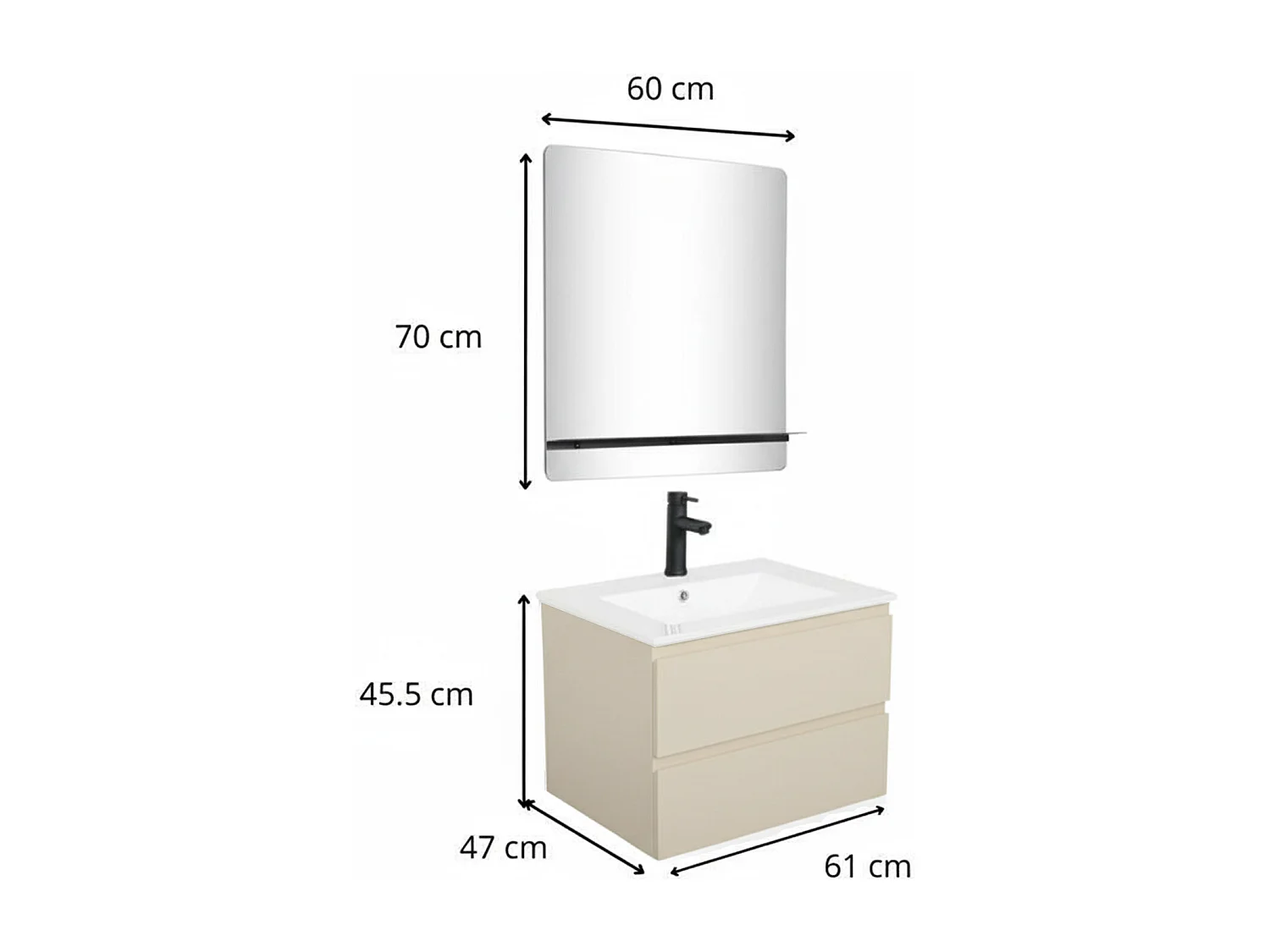 Ensemble simple vasque 60cm avec plan céramique, robinet noir et miroir