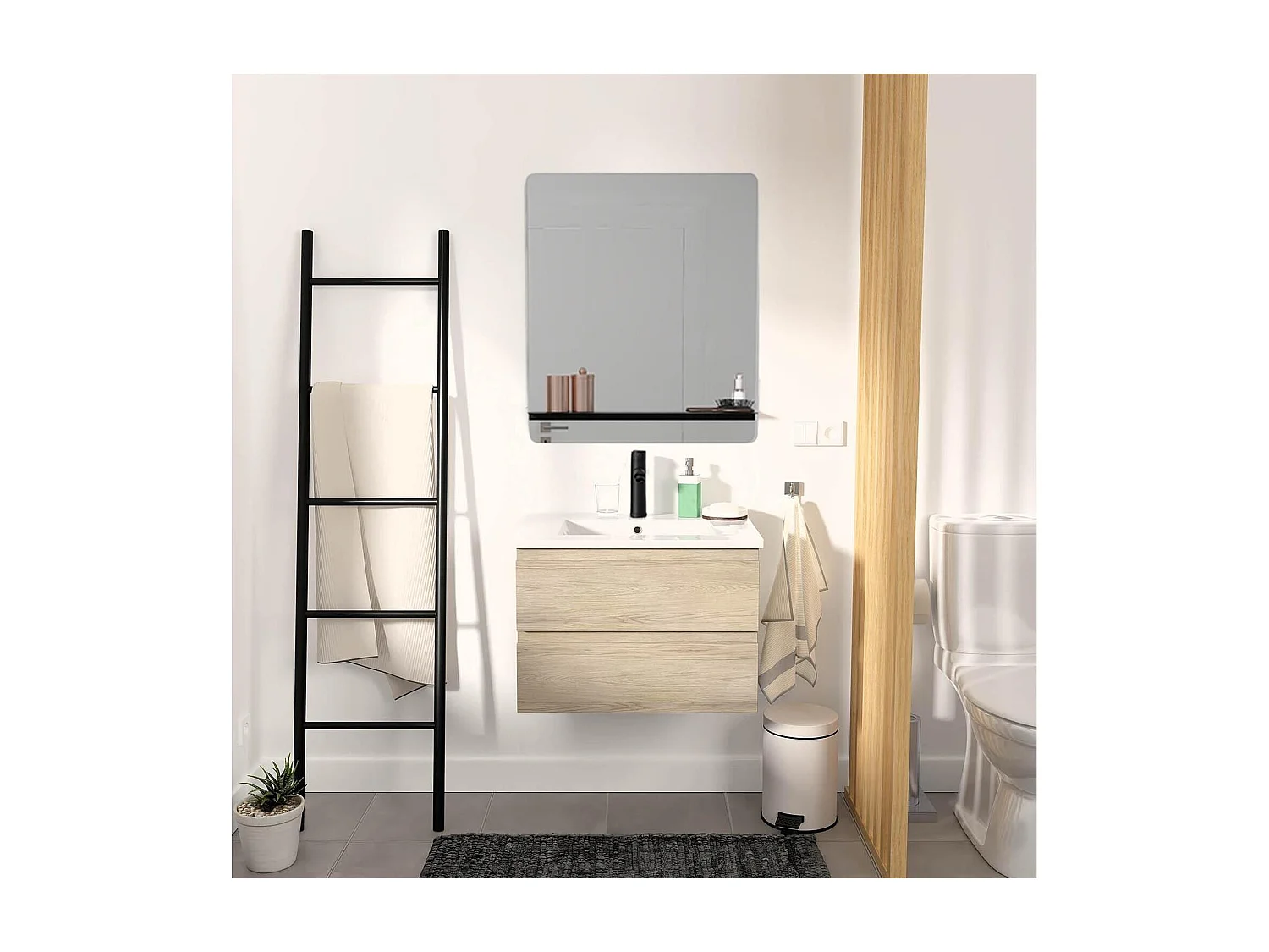 Ensemble simple vasque 60cm avec plan céramique, robinet noir et miroir