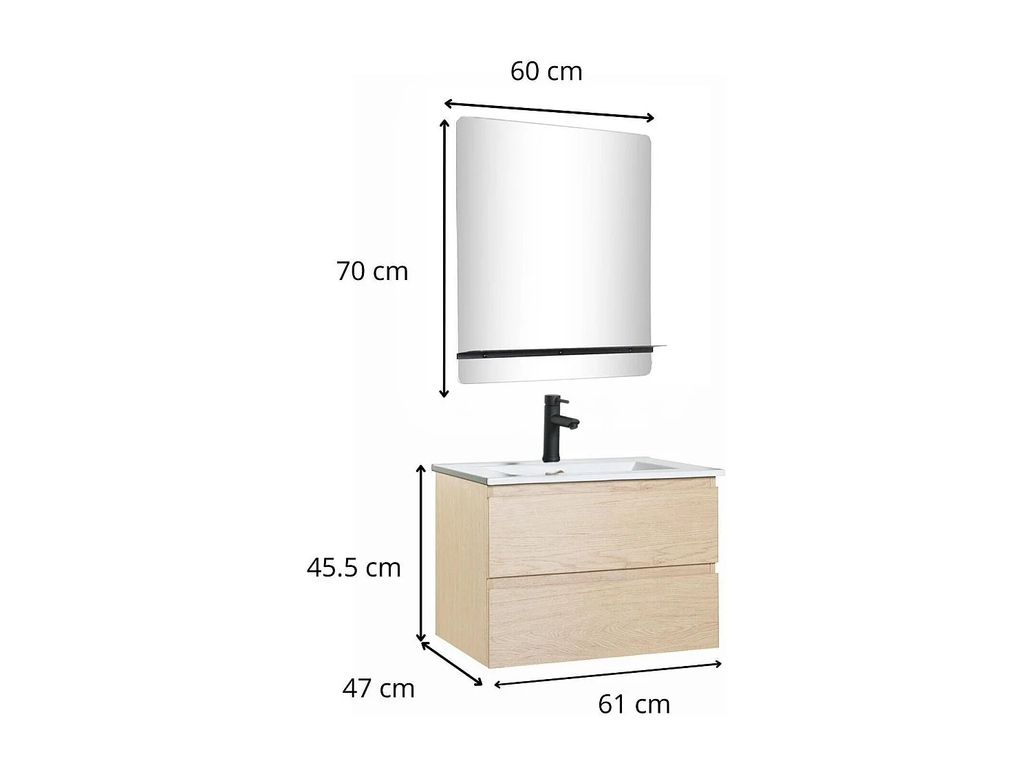 Ensemble simple vasque 60cm avec plan céramique, robinet noir et miroir