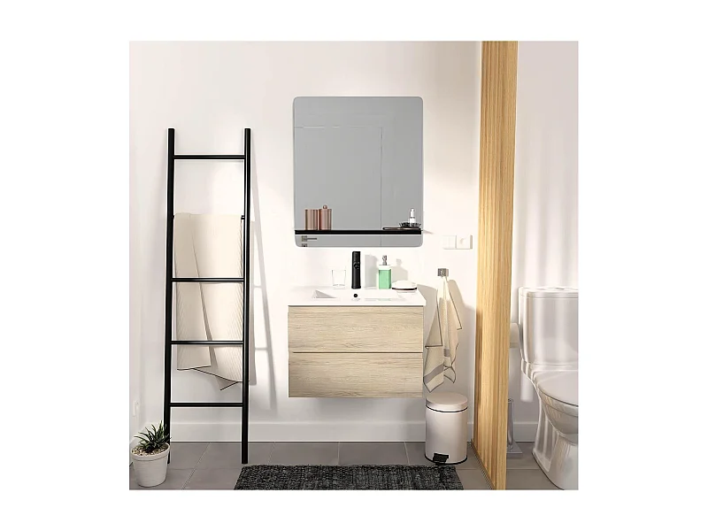 Ensemble simple vasque 60cm avec plan céramique, robinet noir et miroir