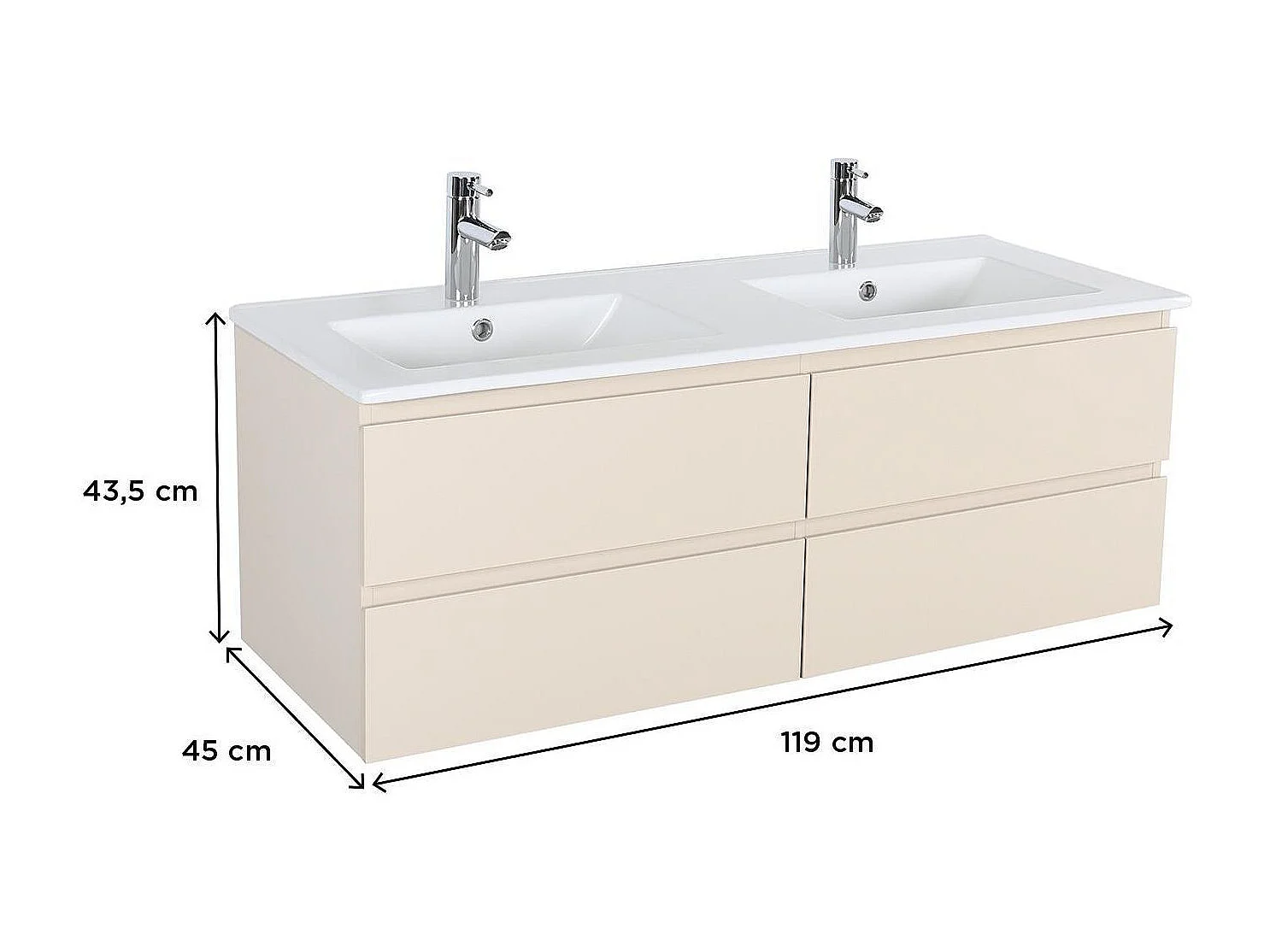 SORRENTO 120cm wandgemonteerde dubbele spoelbak met keramisch wastafelblad