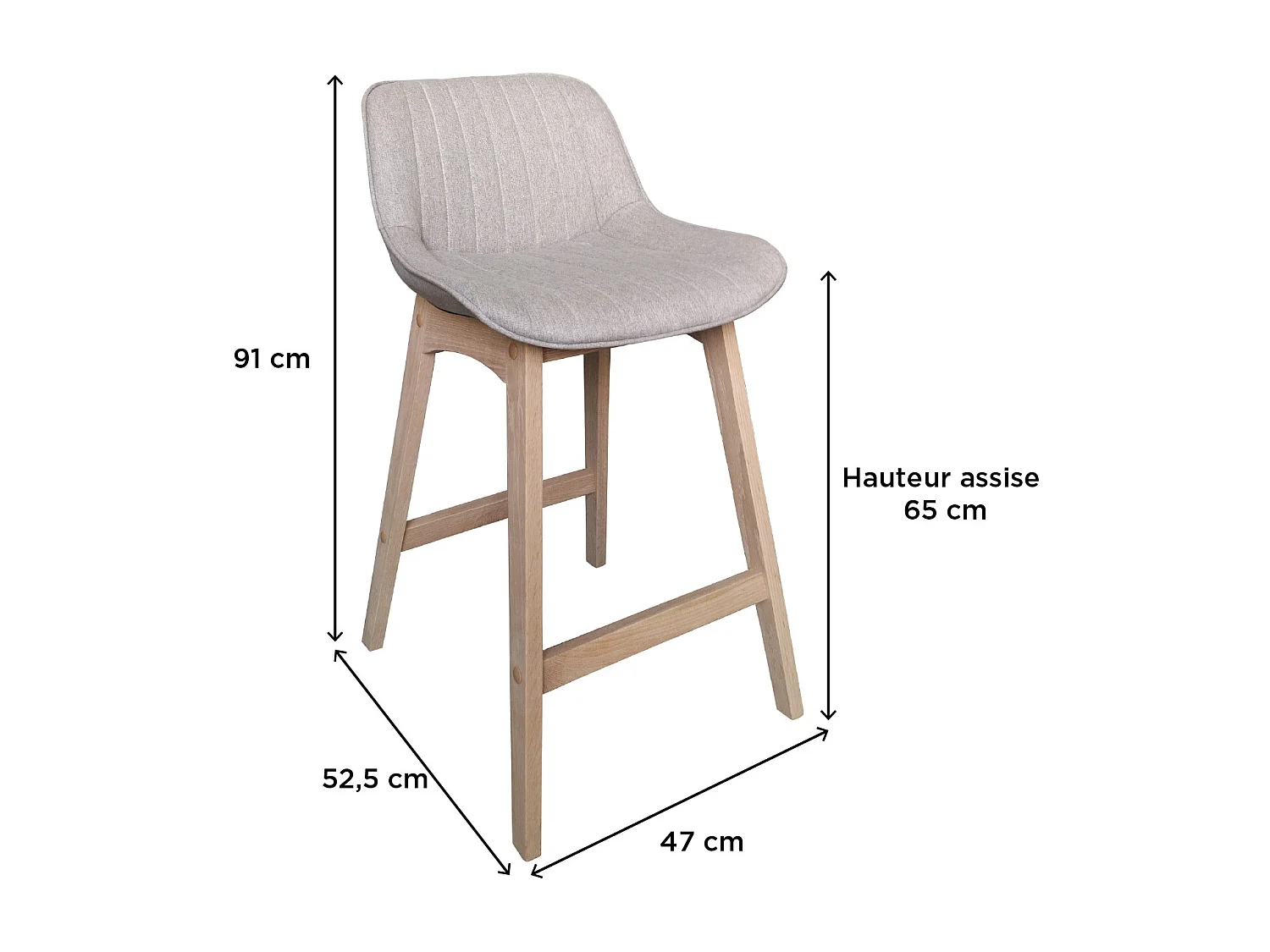 Set van eikenhouten eiland- en barstoelen met een 65 cm MELLOW stoffen zitting