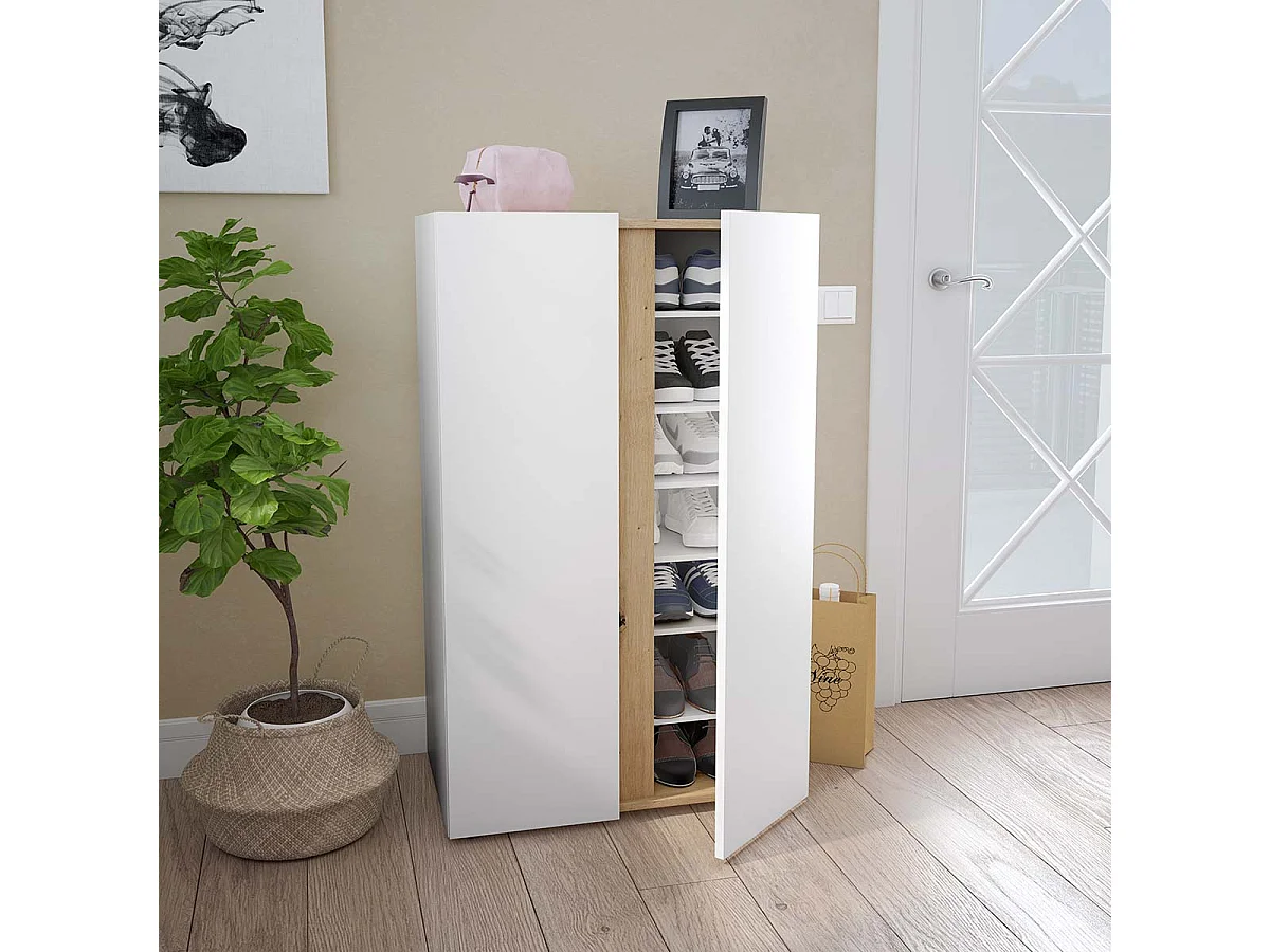 Armoire meuble à chaussures chaussures 2 portes et 6 étagères coloris Blanc/chêne - Longueur 56,5 x Hauteur 102 x Profondeur 35 cm