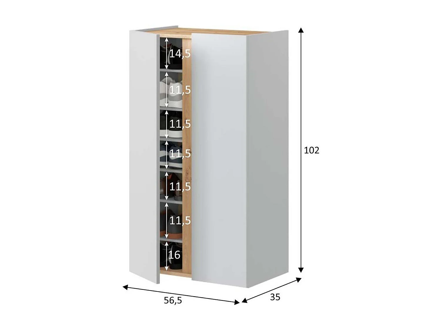 Armoire meuble à chaussures chaussures 2 portes et 6 étagères coloris Blanc/chêne - Longueur 56,5 x Hauteur 102 x Profondeur 35 cm