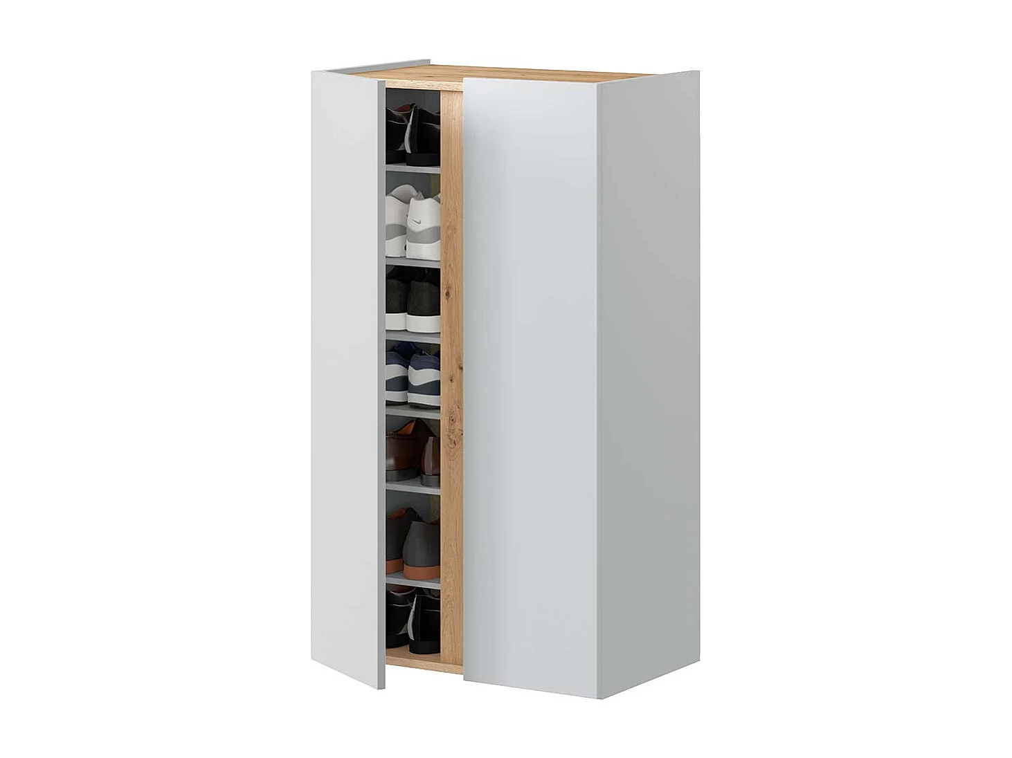 Armoire meuble à chaussures chaussures 2 portes et 6 étagères coloris Blanc/chêne - Longueur 56,5 x Hauteur 102 x Profondeur 35 cm