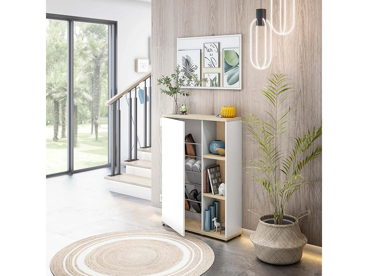 Meuble à chaussures Meuble d’entrée 1 porte avec miroir coloris Blanc/chêne - Longueur 77 x Profondeur 24 x Hauteur 106 cm