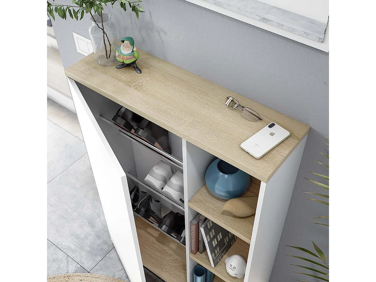 Meuble à chaussures Meuble d’entrée 1 porte avec miroir coloris Blanc/chêne - Longueur 77 x Profondeur 24 x Hauteur 106 cm