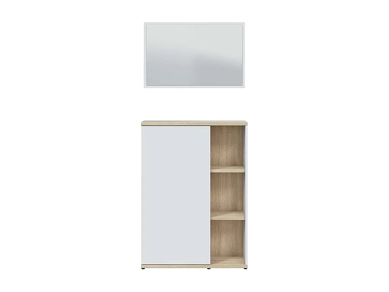 Meuble à chaussures Meuble d’entrée 1 porte avec miroir coloris Blanc/chêne - Longueur 77 x Profondeur 24 x Hauteur 106 cm