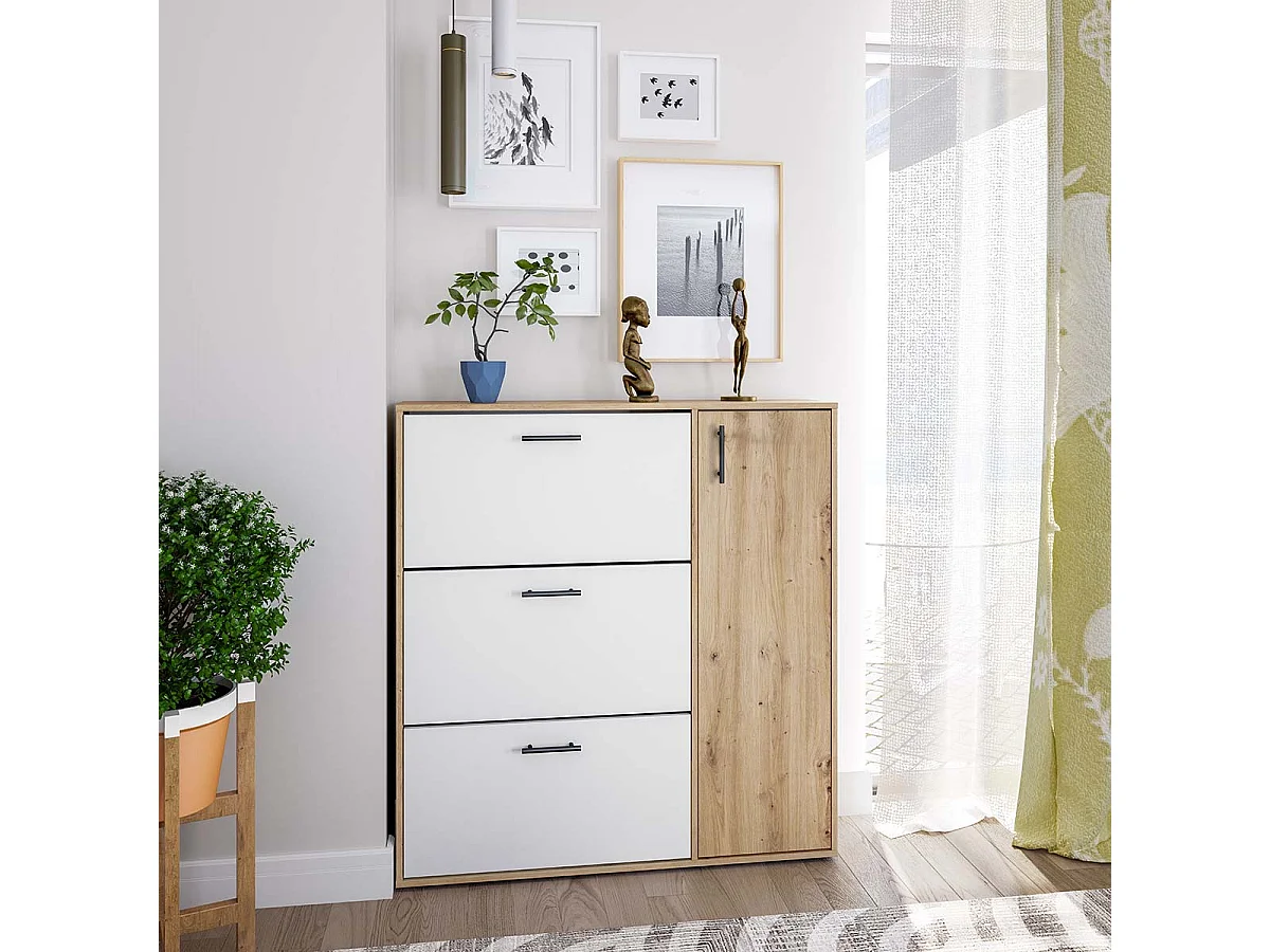 Meuble à chaussures avec 1 porte et 3 abattants coloris Blanc/chêne - Longueur 112 x Hauteur 105 x Profondeur 24 cm