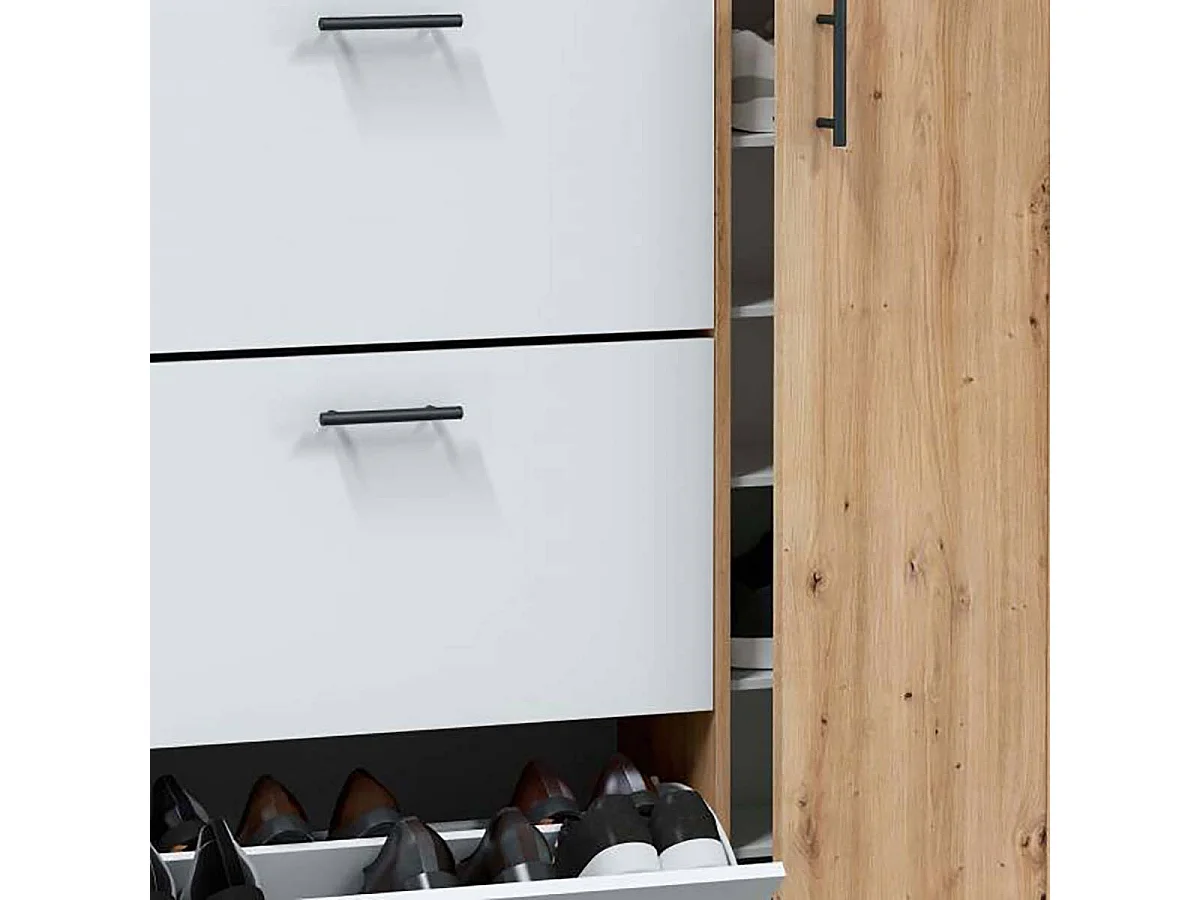 Meuble à chaussures avec 1 porte et 3 abattants coloris Blanc/chêne - Longueur 112 x Hauteur 105 x Profondeur 24 cm