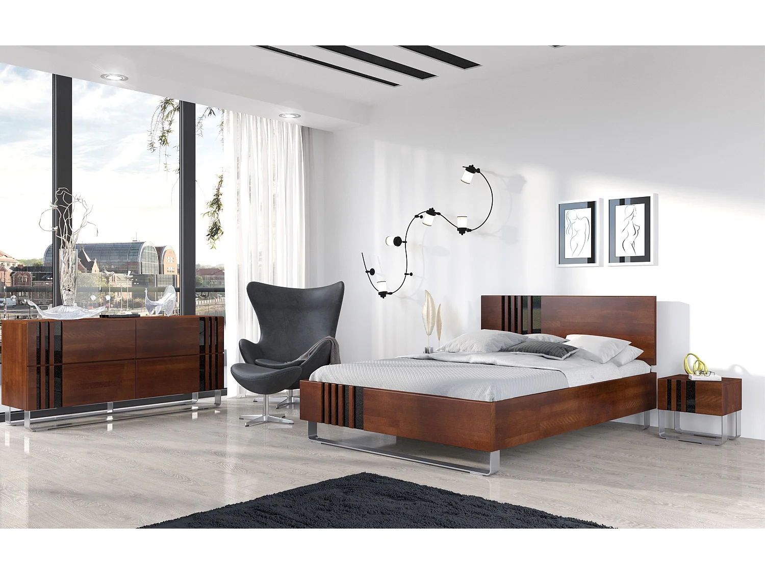 Massivholzkommode Kielce mit metallfüßen, buche - lackiert, nussbaumfarbe, schwarz glas