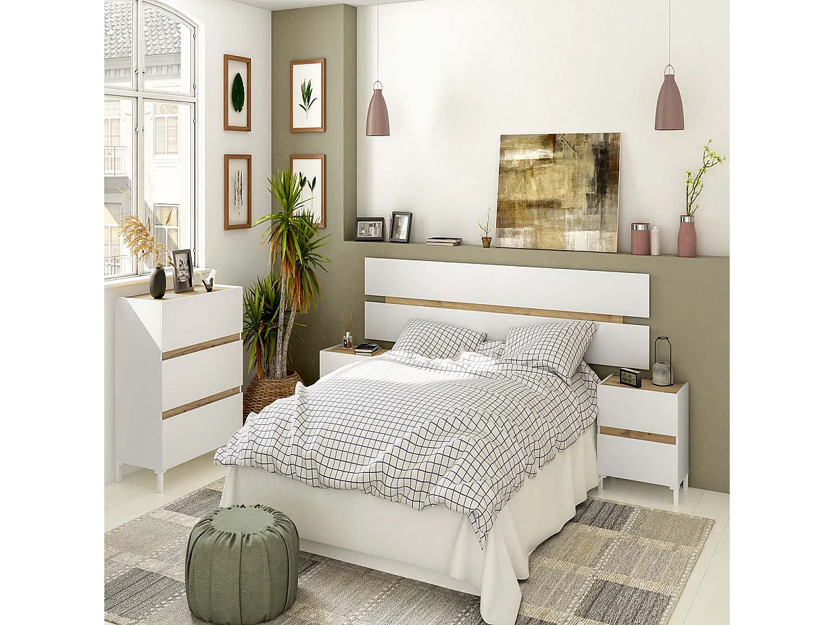 Tête de lit suspendue avec 2 tables de chevet à 2 tiroirs coloris Blanc/chêne - Longueur 216 x Hauteur 47 x Profondeur 3 cm