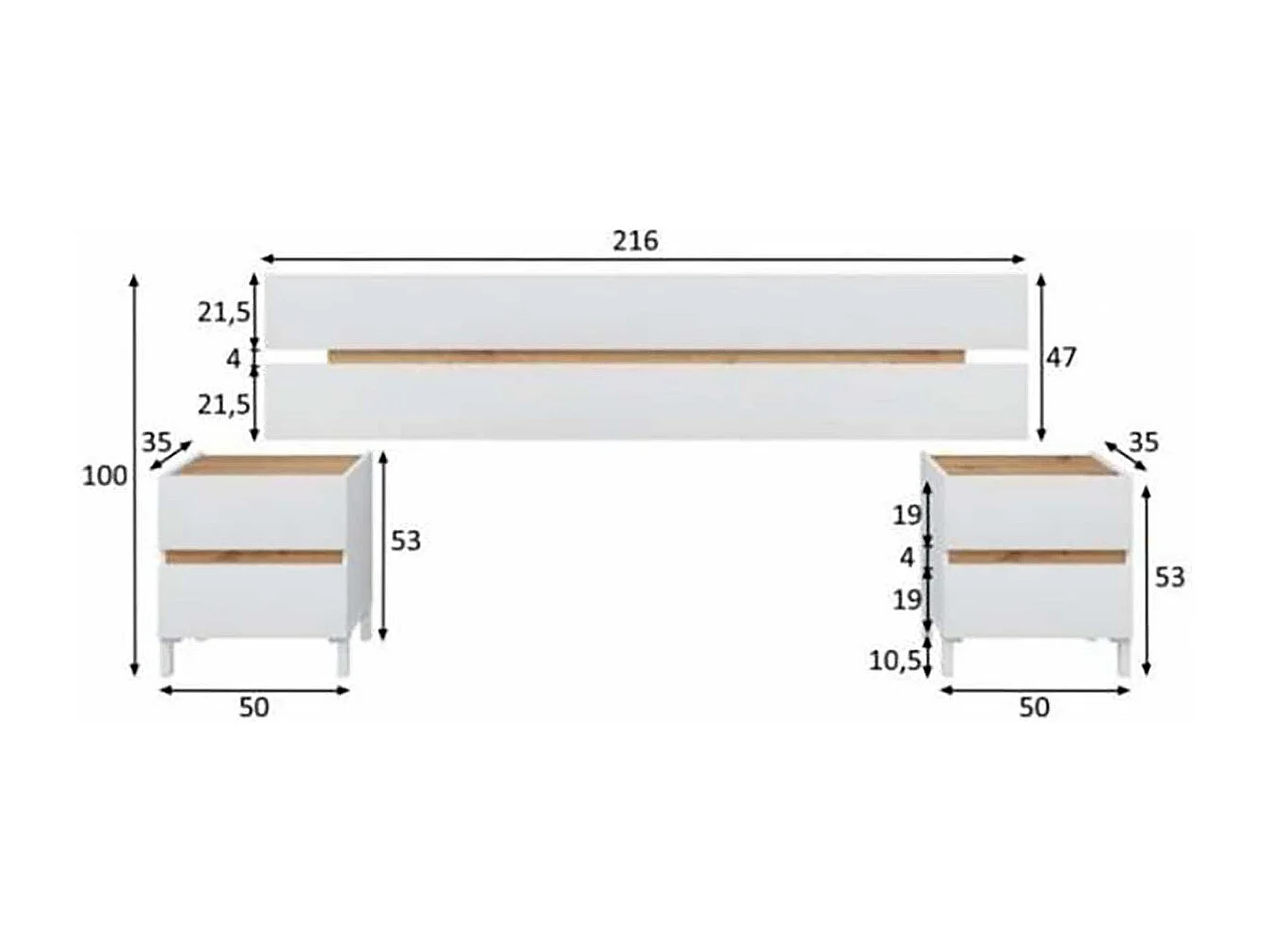 Tête de lit suspendue avec 2 tables de chevet à 2 tiroirs coloris Blanc/chêne - Longueur 216 x Hauteur 47 x Profondeur 3 cm