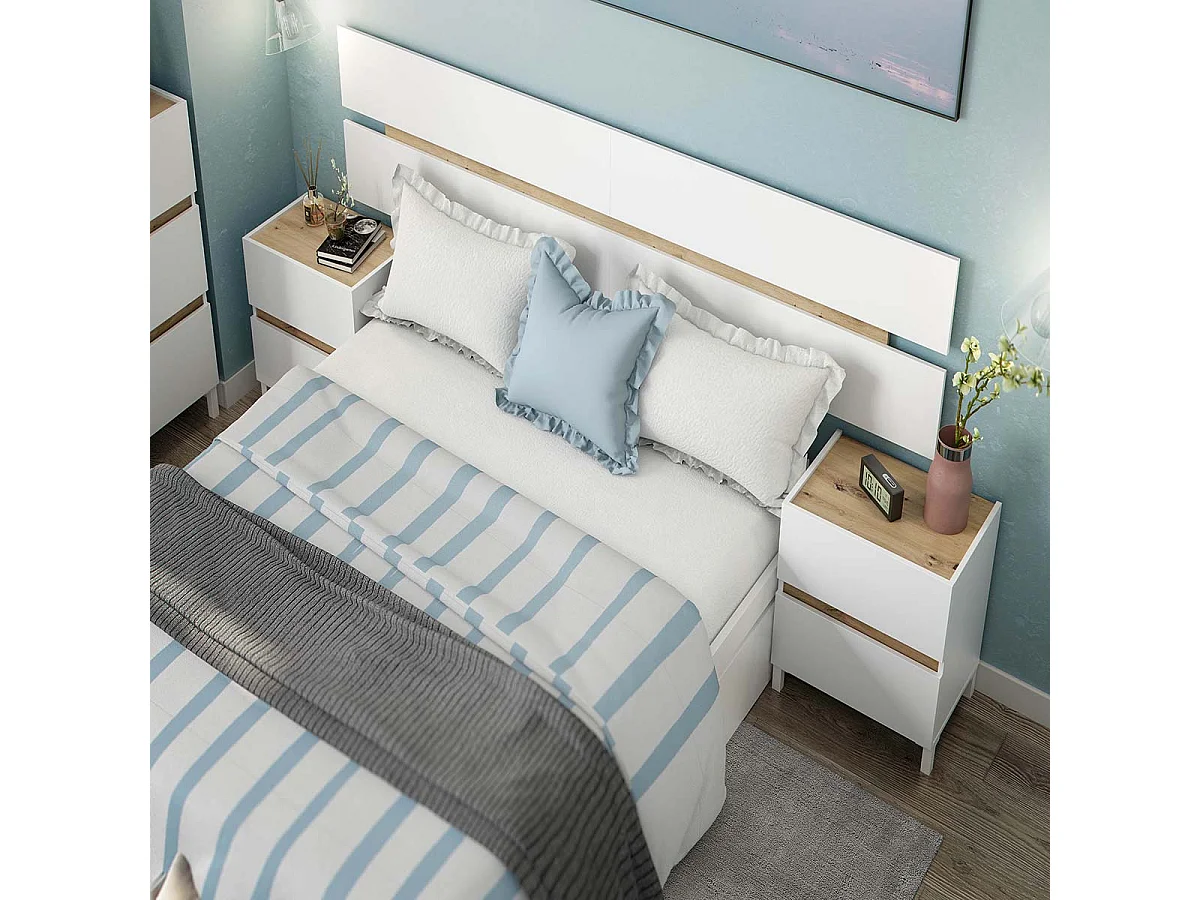 Tête de lit suspendue avec 2 tables de chevet à 2 tiroirs coloris Blanc/chêne - Longueur 216 x Hauteur 47 x Profondeur 3 cm