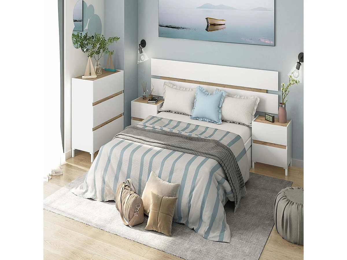 Tête de lit suspendue avec 2 tables de chevet à 2 tiroirs coloris Blanc/chêne - Longueur 216 x Hauteur 47 x Profondeur 3 cm