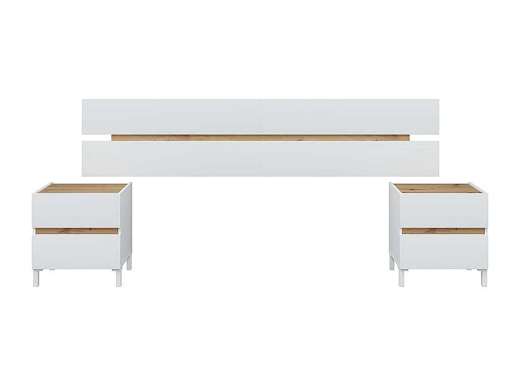 Tête de lit suspendue avec 2 tables de chevet à 2 tiroirs coloris Blanc/chêne - Longueur 216 x Hauteur 47 x Profondeur 3 cm