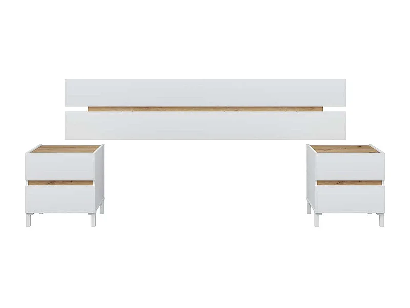 Tête de lit suspendue avec 2 tables de chevet à 2 tiroirs coloris Blanc/chêne - Longueur 216 x Hauteur 47 x Profondeur 3 cm