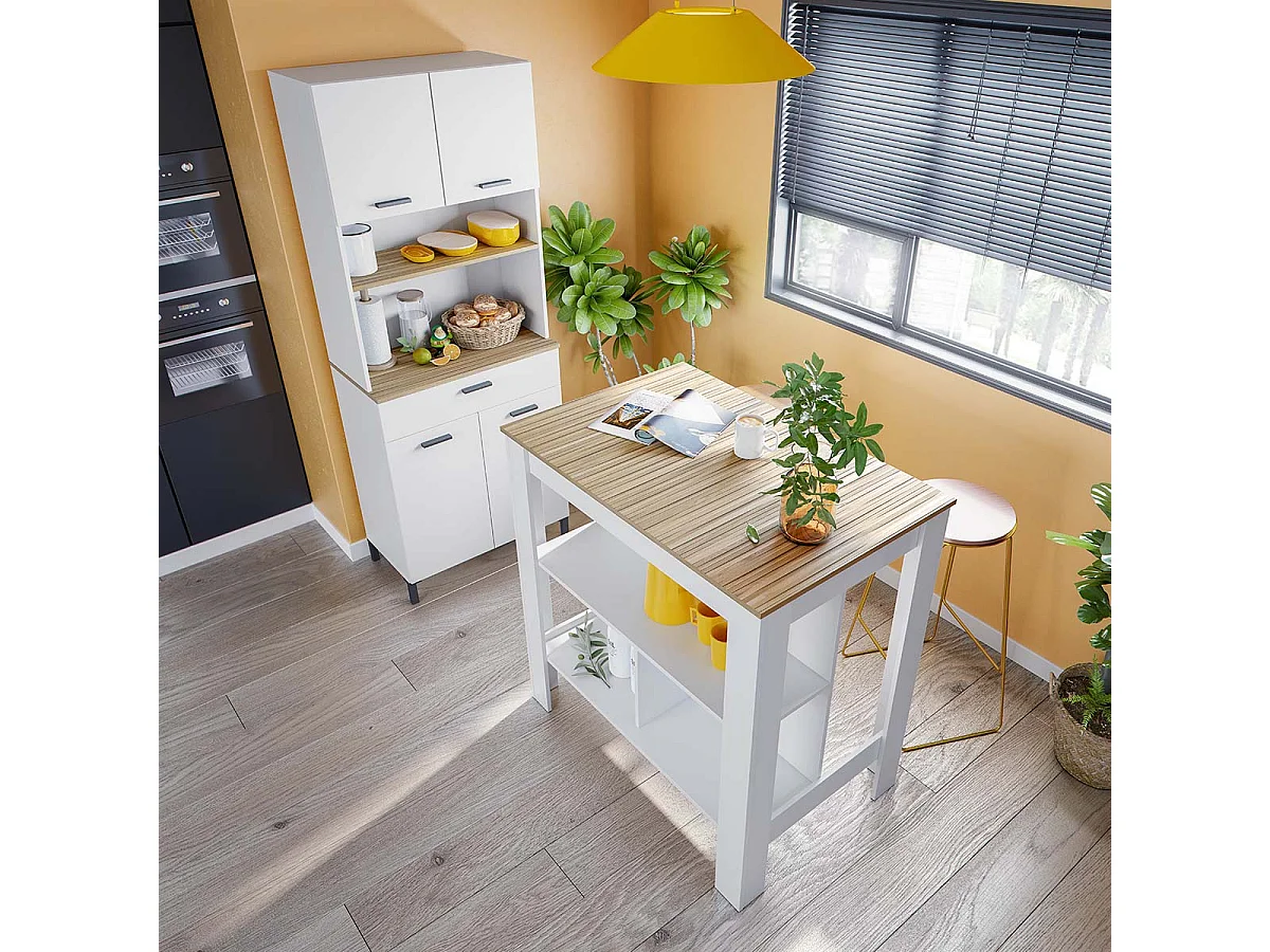 Buffet meuble de cuisine à 4 portes et 1 tiroir coloris Blanc/chêne - Longueur 72 x Hauteur 185 x Profondeur 40 cm