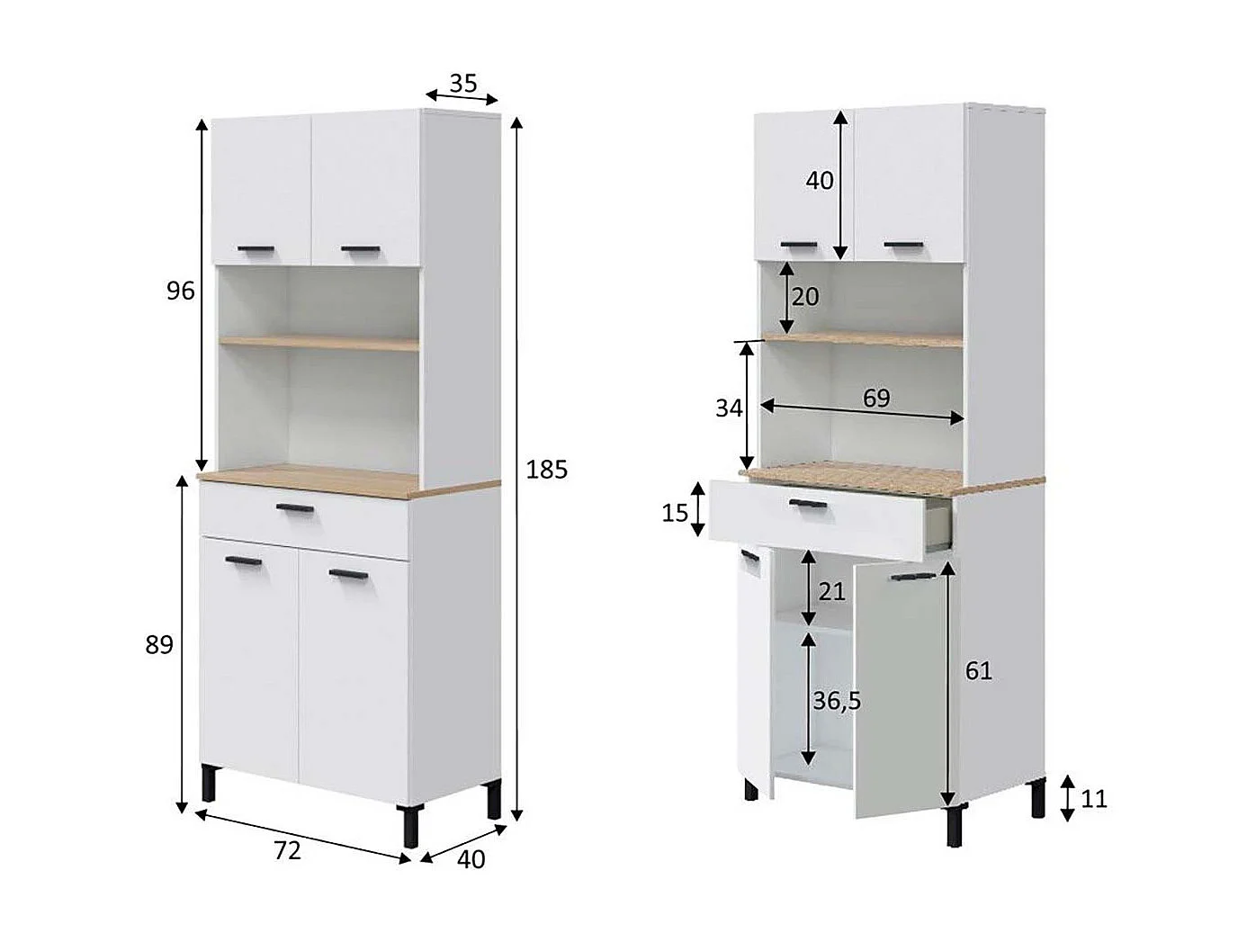 Buffet meuble de cuisine à 4 portes et 1 tiroir coloris Blanc/chêne - Longueur 72 x Hauteur 185 x Profondeur 40 cm