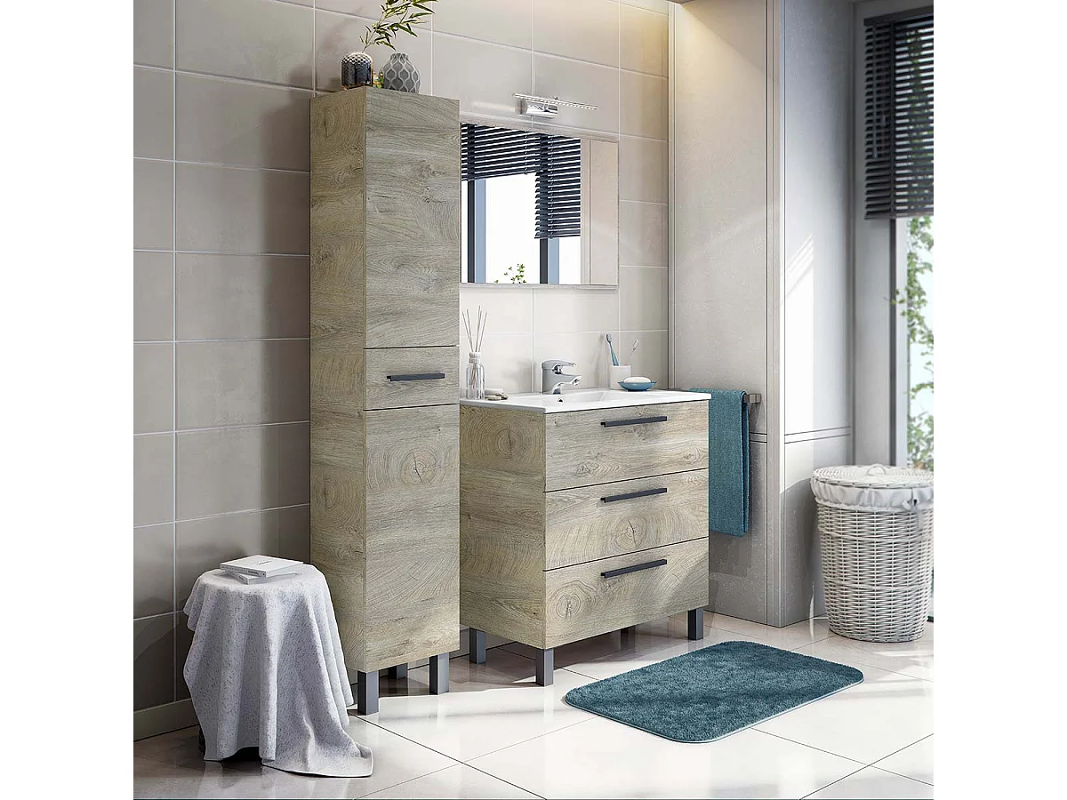 Colonne de salle de bain avec 2 portes et 1 tiroir coloris chêne - Longueur 35 x Hauteur 182  x Profondeur 30,5 cm